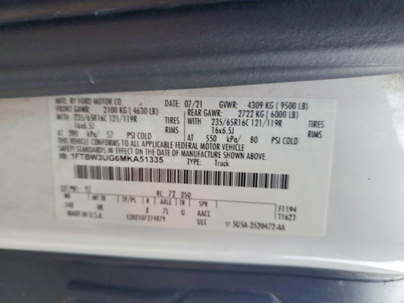Продажа на аукционе авто 2021 Ford Transit, vin: 1FTBW3UG6MKA51335, номер лота: 59747956