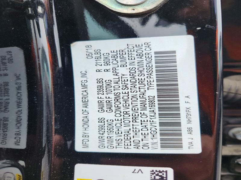 2018 Honda Accord მანქანა იყიდება აუქციონზე, vin: 1HGCV1F1XJA169802, აუქციონის ნომერი: 59685596