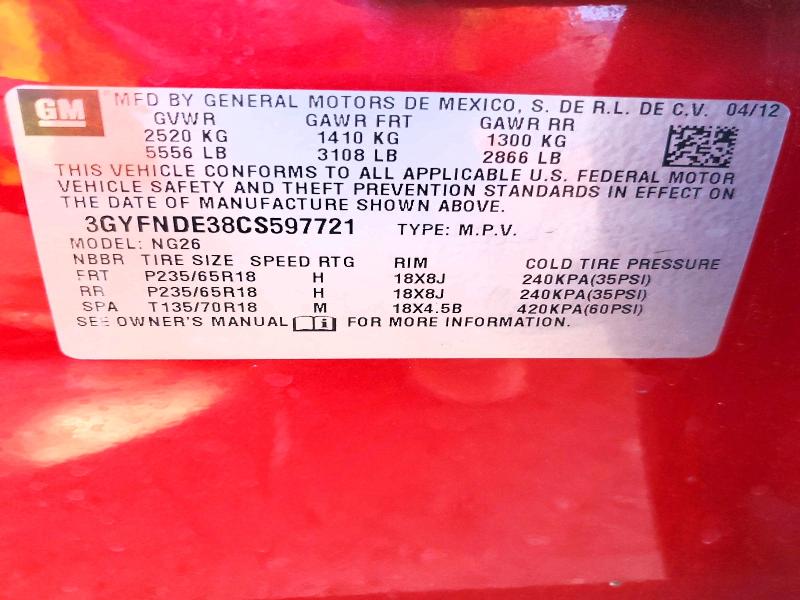 2012 Cadillac Srx მანქანა იყიდება აუქციონზე, vin: 3GYFNDE38CS597721, აუქციონის ნომერი: 62688496