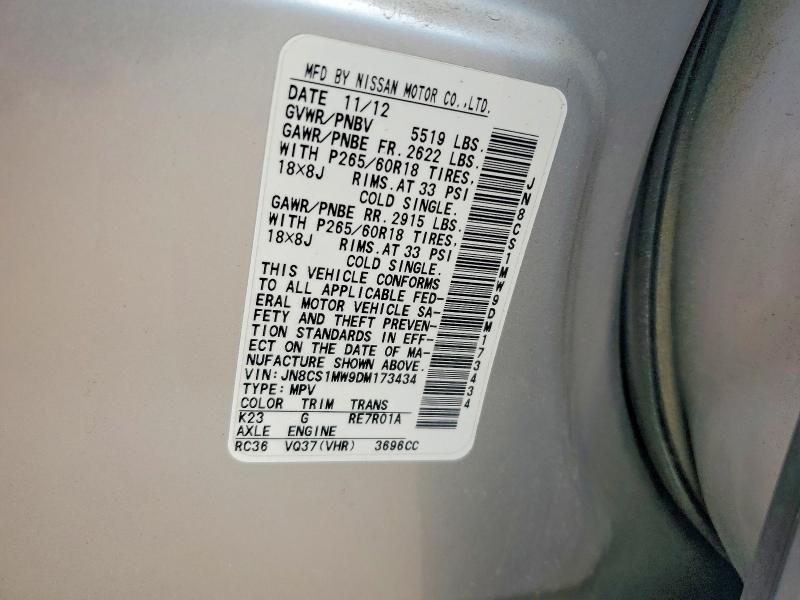 59714156 :رقم المزاد ، JN8CS1MW9DM173434 vin ، 2013 Infiniti Fx37 مزاد بيع