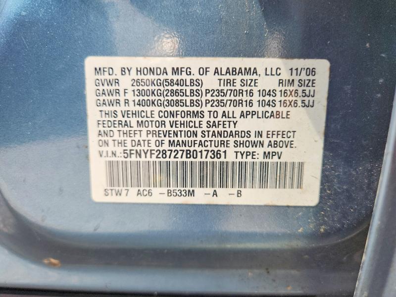 2007 Honda Pilot მანქანა იყიდება აუქციონზე, vin: 5FNYF28727B017361, აუქციონის ნომერი: 61849466