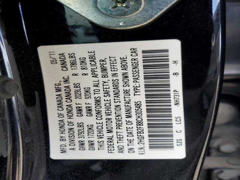60836416 :رقم المزاد ، 2HGFB2F88CH305485 vin ، 2012 Honda Civic مزاد بيع