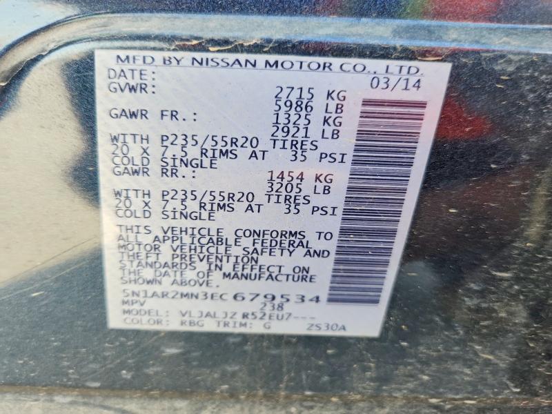 60789726 :رقم المزاد ، 5N1AR2MN3EC679534 vin ، 2014 Nissan Pathfinder مزاد بيع