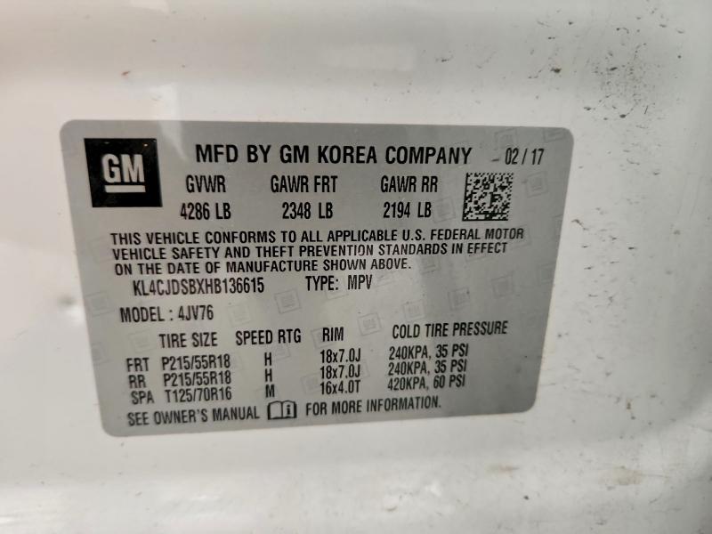 2017 Buick Encore მანქანა იყიდება აუქციონზე, vin: KL4CJDSBXHB136615, აუქციონის ნომერი: 60871866