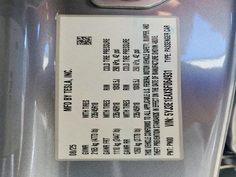 59729646 :رقم المزاد ، 5YJ3E1EAXSF064931 vin ، 2025 Tesla Model 3 مزاد بيع