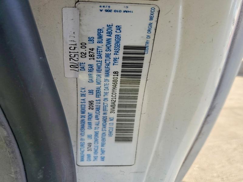 2000 Volkswagen New Beetle მანქანა იყიდება აუქციონზე, vin: 3VWBA21C0YM468018, აუქციონის ნომერი: 60621046