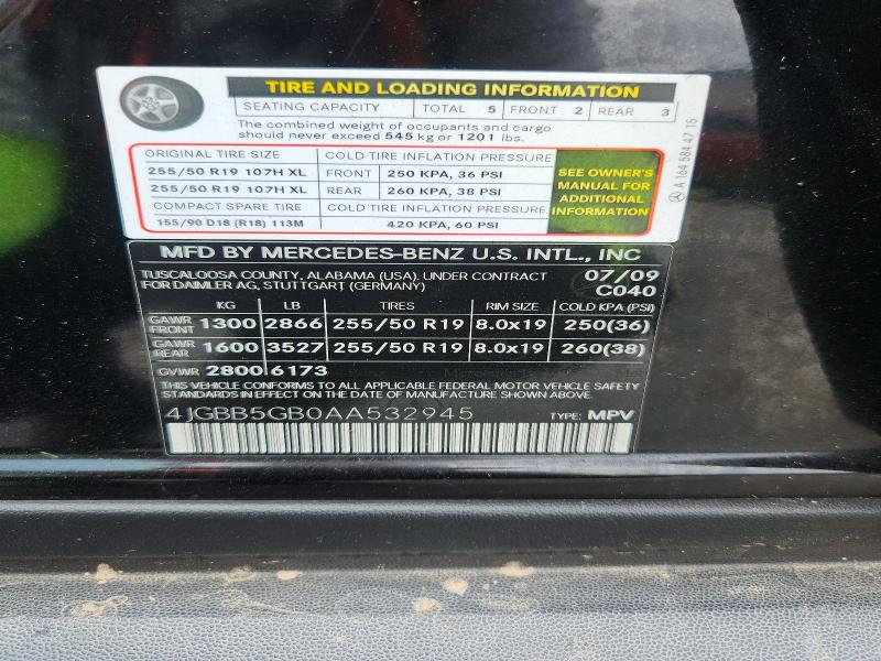 62076816 :رقم المزاد ، 4JGBB5GB0AA532945 vin ، 2010 Mercedes-benz Ml مزاد بيع