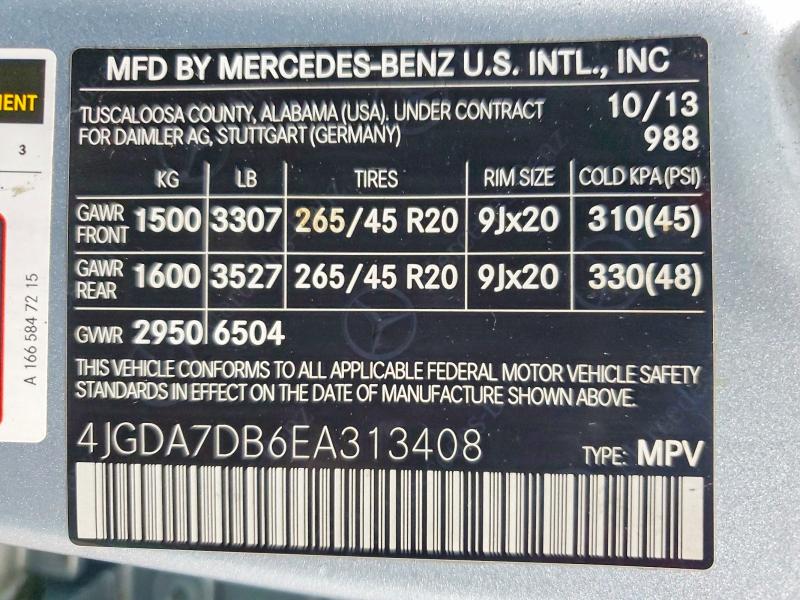 60299676 :رقم المزاد ، 4JGDA7DB6EA313408 vin ، 2014 Mercedes-benz Ml مزاد بيع