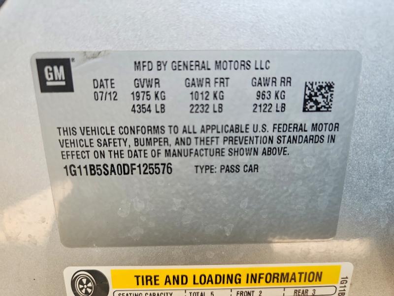 2013 Chevrolet Malibu მანქანა იყიდება აუქციონზე, vin: 1G11B5SA0DF125576, აუქციონის ნომერი: 60935886
