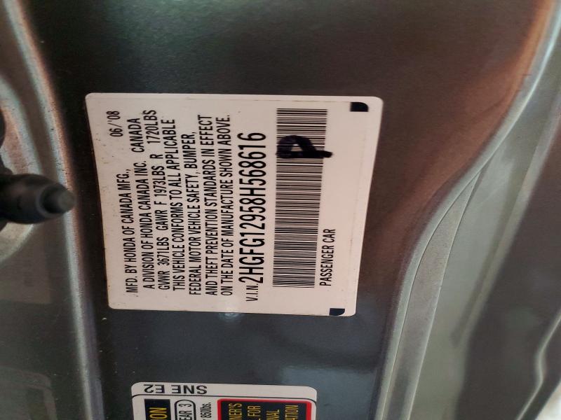 60640356 :رقم المزاد ، 2HGFG12958H568616 vin ، 2008 Honda Civic مزاد بيع