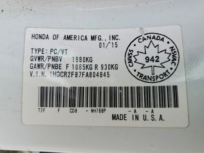 2015 Honda Accord მანქანა იყიდება აუქციონზე, vin: 1HGCR2F87FA804845, აუქციონის ნომერი: 59957616