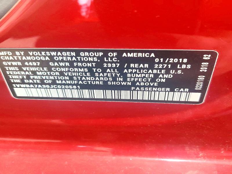 Aukcja sprzedaży 2018 Volkswagen Passat, vin: 1VWBA7A30JC020561, numer aukcji: 61130776