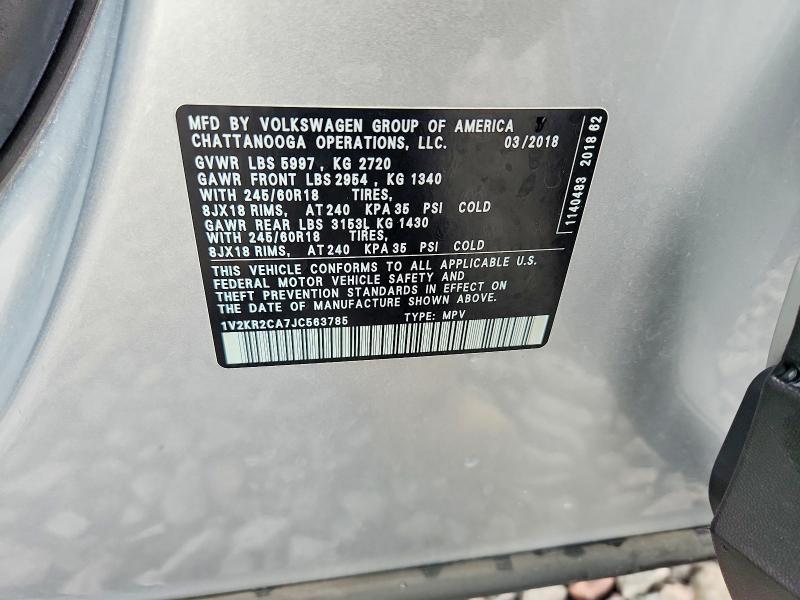 60163156 :رقم المزاد ، 1V2KR2CA7JC563785 vin ، 2018 Volkswagen Atlas مزاد بيع
