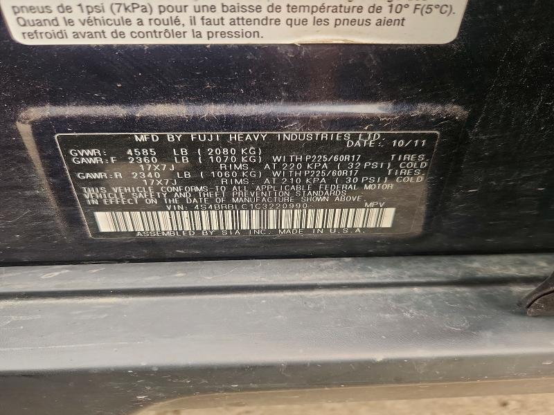 2012 Subaru Outback მანქანა იყიდება აუქციონზე, vin: 4S4BRBLC1C3220990, აუქციონის ნომერი: 61390436
