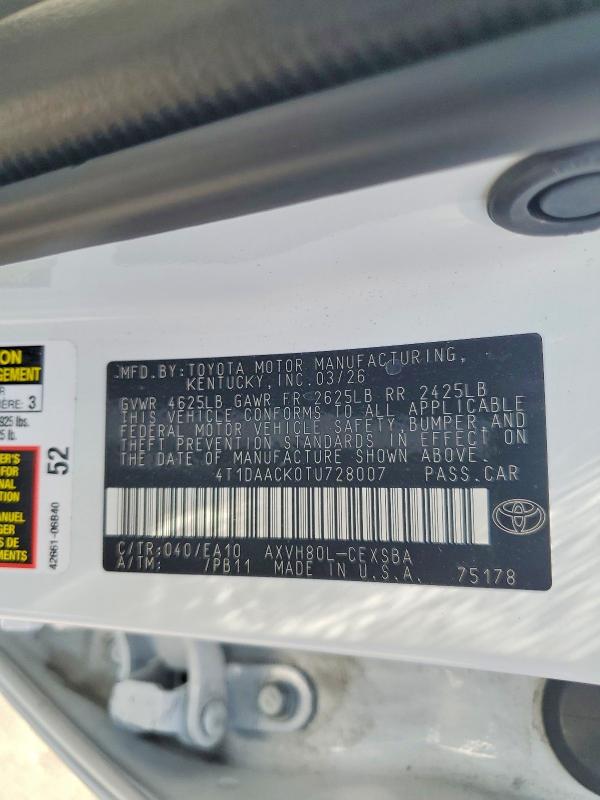 Aukcja sprzedaży 2026 Toyota Camry, vin: 4T1DAACK0TU728007, numer aukcji: 60887546