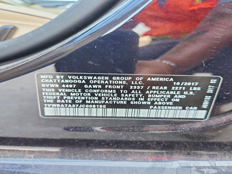 61415586 :رقم المزاد ، 1VWBA7A37JC008150 vin ، 2018 Volkswagen Passat مزاد بيع