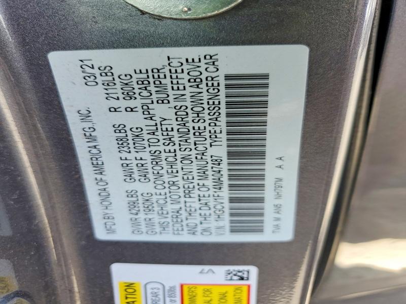 Продажа на аукционе авто 2021 Honda Accord, vin: 1HGCV1F14MA047487, номер лота: 59704686