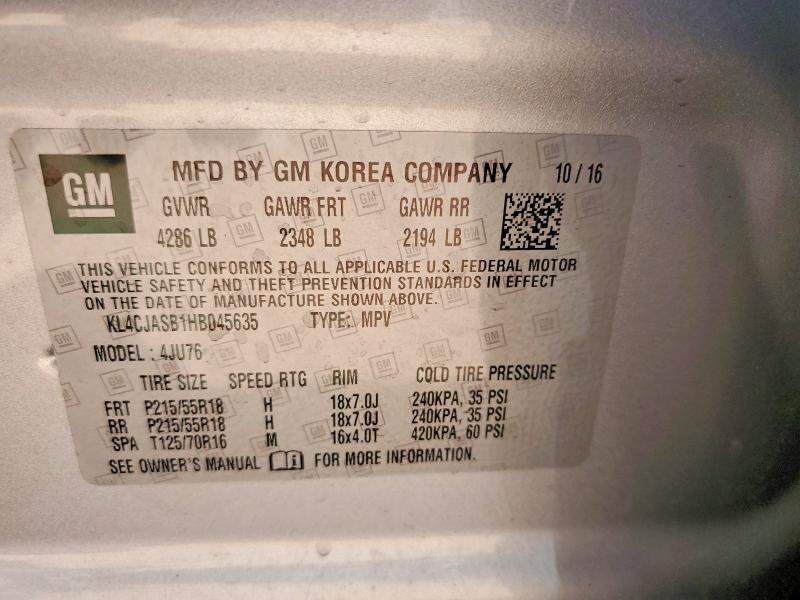 2017 Buick Encore მანქანა იყიდება აუქციონზე, vin: KL4CJASB1HB045635, აუქციონის ნომერი: 60136416