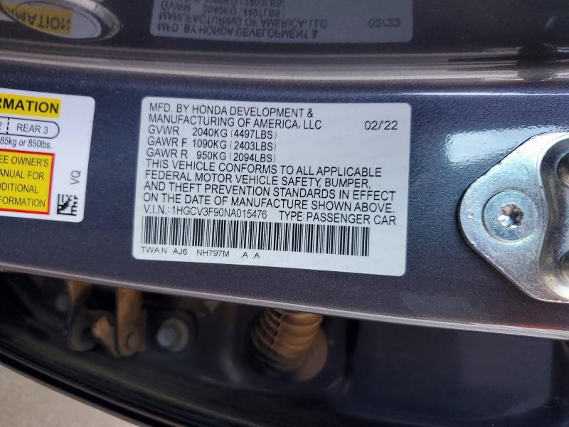 61964116 :رقم المزاد ، 1HGCV3F90NA015476 vin ، 2022 Honda Accord مزاد بيع