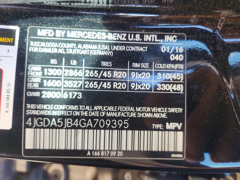 60052506 :رقم المزاد ، 4JGDA5JB4GA709395 vin ، 2016 Mercedes-benz Gle مزاد بيع
