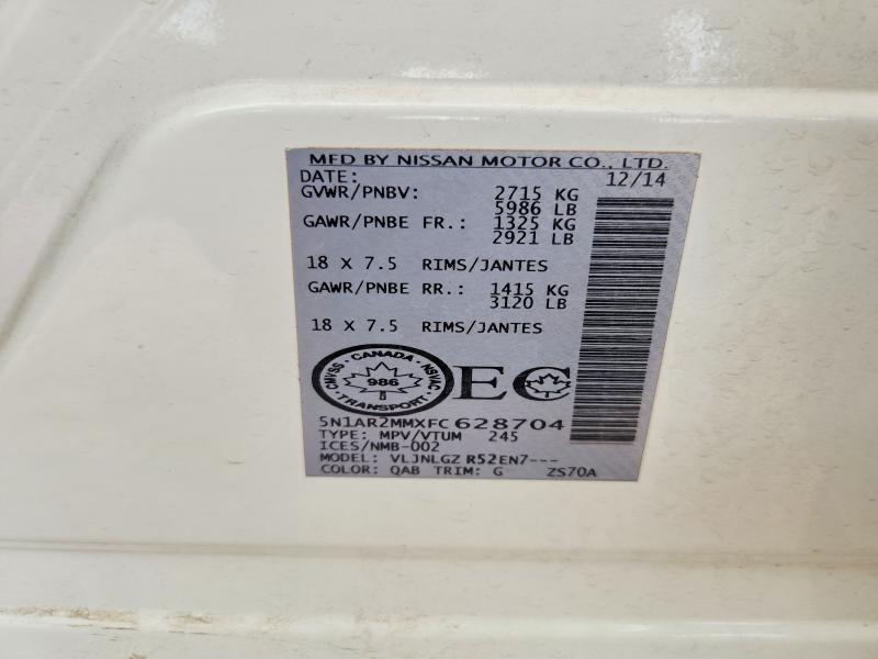 61560456 :رقم المزاد ، 5N1AR2MMXFC628704 vin ، 2015 Nissan Pathfinder مزاد بيع