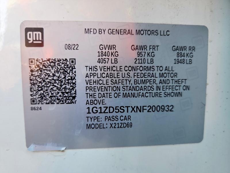 61988076 :رقم المزاد ، 1G1ZD5STXNF200932 vin ، 2022 Chevrolet Malibu مزاد بيع