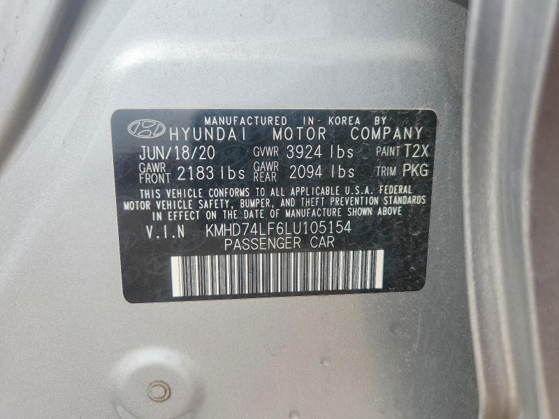2020 Hyundai Elantra მანქანა იყიდება აუქციონზე, vin: KMHD74LF6LU105154, აუქციონის ნომერი: 60178226