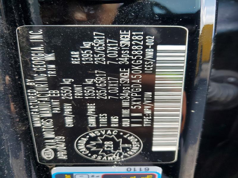 62006566 :رقم المزاد ، 5XYPGDA50KG588281 vin ، 2019 Kia Sorento مزاد بيع