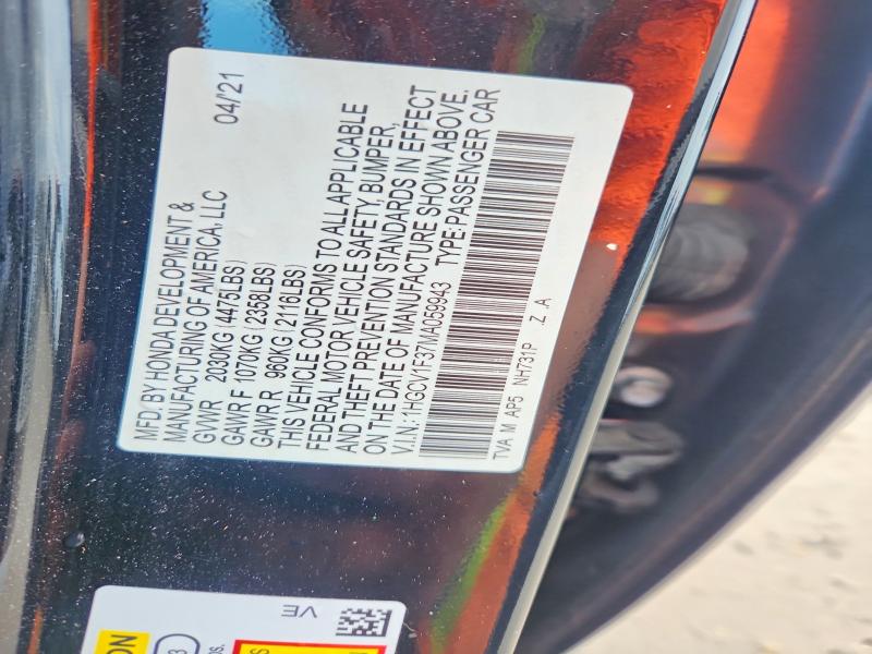 2021 Honda Accord მანქანა იყიდება აუქციონზე, vin: 1HGCV1F37MA059943, აუქციონის ნომერი: 62460486