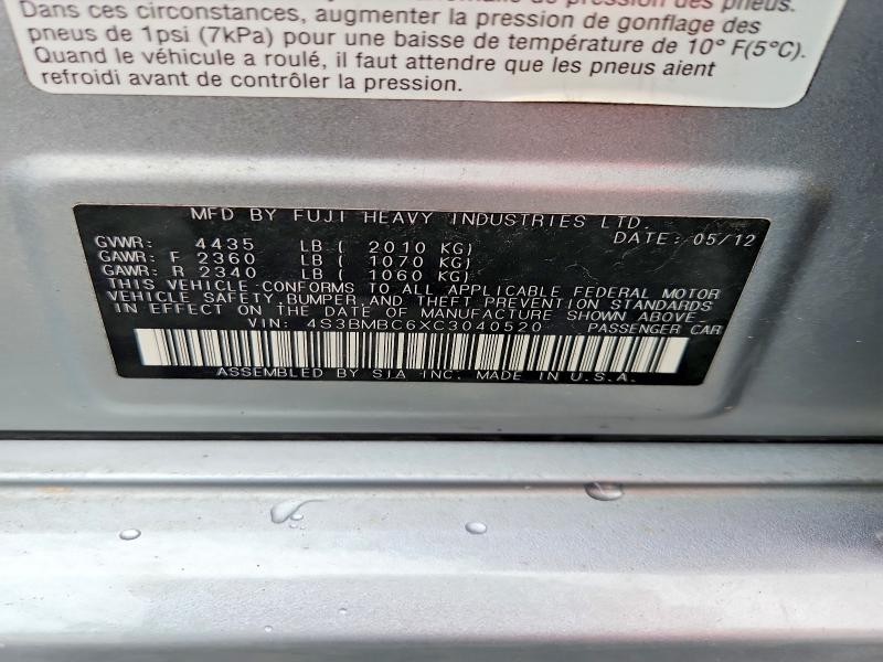 59609226 :رقم المزاد ، 4S3BMBC6XC3040520 vin ، 2012 Subaru Legacy مزاد بيع