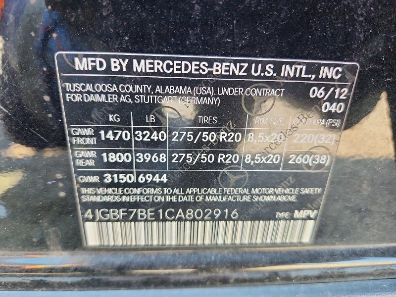 Продажа на аукционе авто 2012 Mercedes-benz Gl, vin: 4JGBF7BE1CA802916, номер лота: 61003396