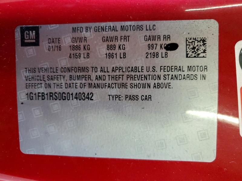 2016 Chevrolet Camaro მანქანა იყიდება აუქციონზე, vin: 1G1FB1RS0G0140342, აუქციონის ნომერი: 63021016