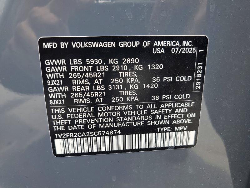 Продаж на аукціоні авто 2025 Volkswagen Atlas, vin: 1V2FR2CA2SC574874, номер лоту: 59706686