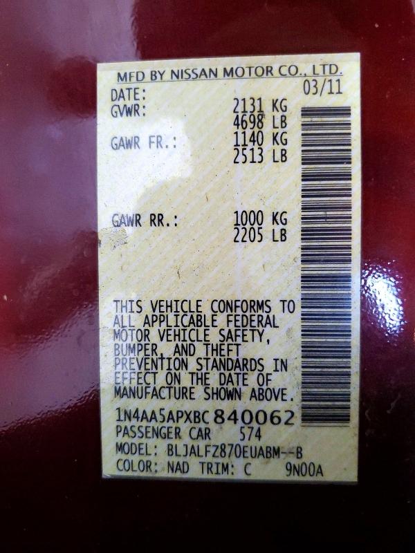 Продаж на аукціоні авто 2011 Nissan Maxima, vin: 1N4AA5APXBC840062, номер лоту: 59960026
