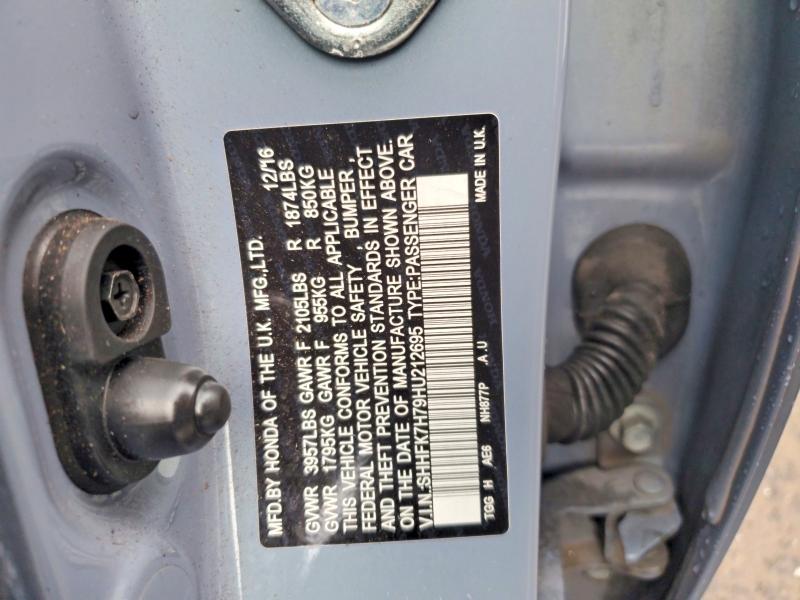 63191616 :رقم المزاد ، SHHFK7H79HU212695 vin ، 2017 Honda Civic مزاد بيع