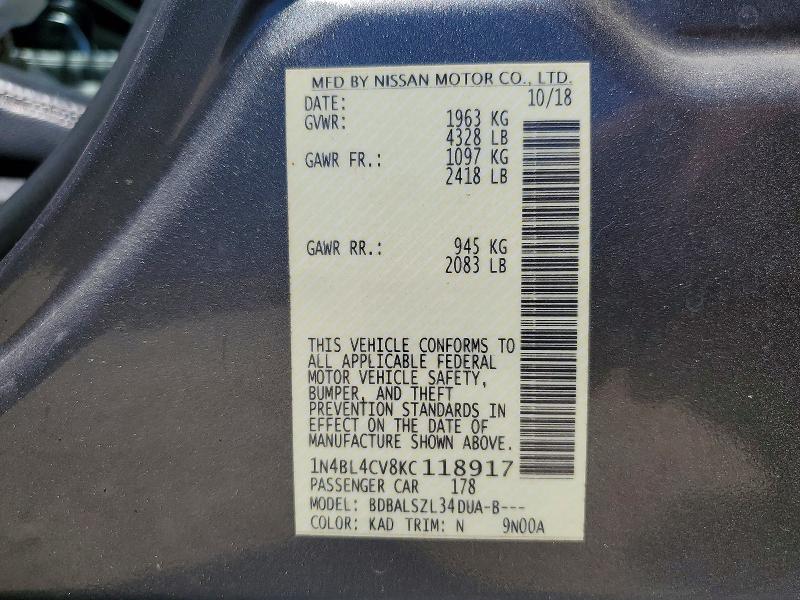 62937986 :رقم المزاد ، 1N4BL4CV8KC118917 vin ، 2019 Nissan Altima مزاد بيع