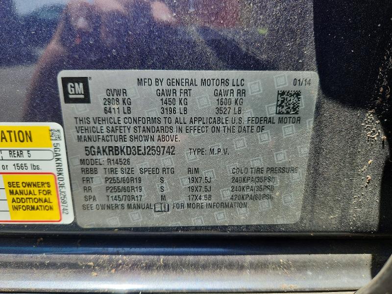 62078506 :رقم المزاد ، 5GAKRBKD3EJ259742 vin ، 2014 Buick Enclave مزاد بيع