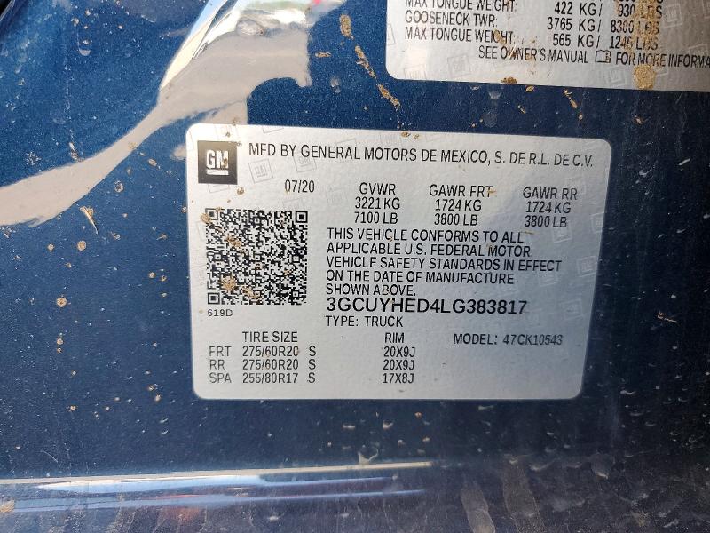 Продаж на аукціоні авто 2020 Chevrolet Silverado, vin: 3GCUYHED4LG383817, номер лоту: 60331066