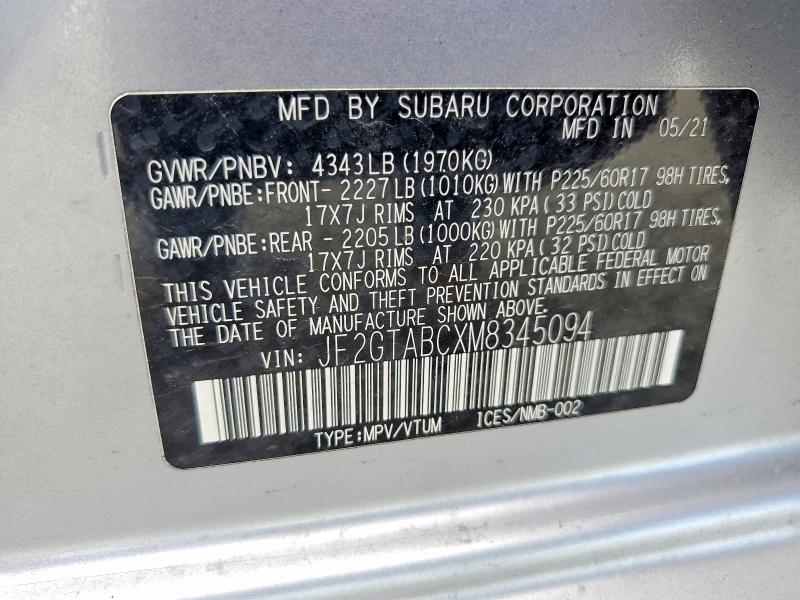 2021 Subaru Crosstrek მანქანა იყიდება აუქციონზე, vin: JF2GTABCXM8345094, აუქციონის ნომერი: 62204866