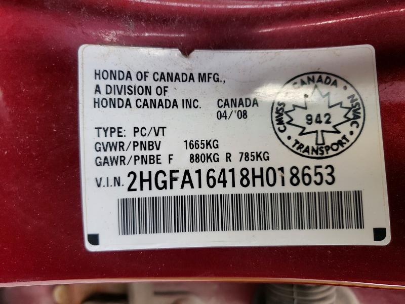 59229196 :رقم المزاد ، 2HGFA16418H018653 vin ، 2008 Honda Civic مزاد بيع
