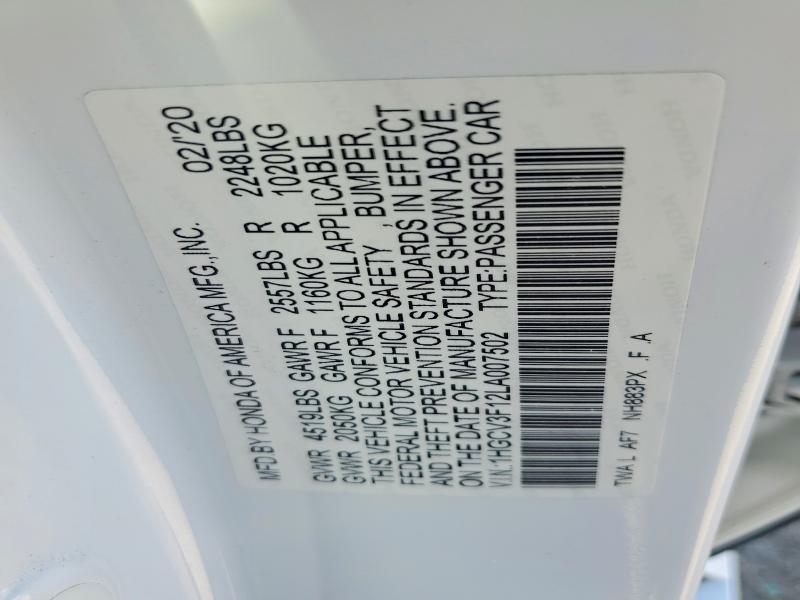 59233996 :رقم المزاد ، 1HGCV3F12LA007502 vin ، 2020 Honda Accord مزاد بيع