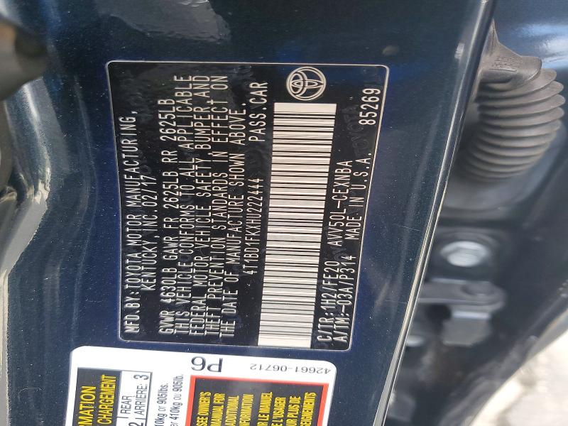 2017 Toyota Camry Hybrid მანქანა იყიდება აუქციონზე, vin: 4T1BD1FKXHU222444, აუქციონის ნომერი: 61596416