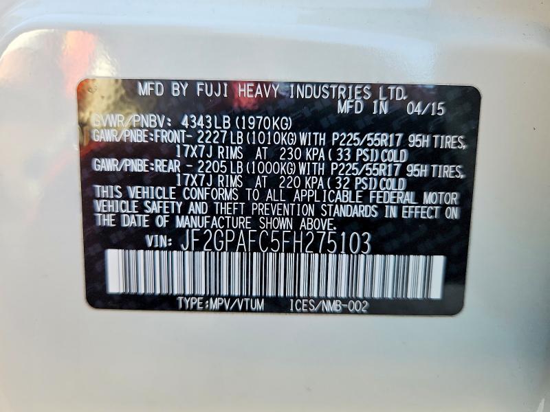 Продаж на аукціоні авто 2015 Subaru Xv Crosstrek, vin: JF2GPAFC5FH275103, номер лоту: 61296346