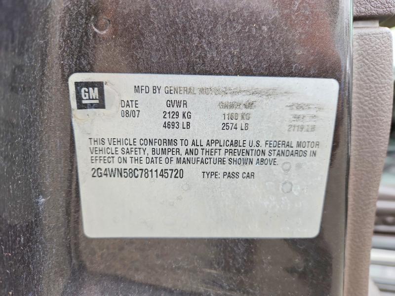 62237296 :رقم المزاد ، 2G4WN58C781145720 vin ، 2008 Buick Lacrosse مزاد بيع