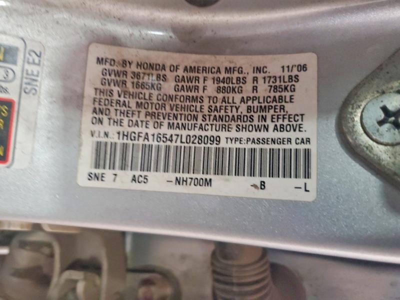 63188826 :رقم المزاد ، 1HGFA16547L028099 vin ، 2007 Honda Civic مزاد بيع
