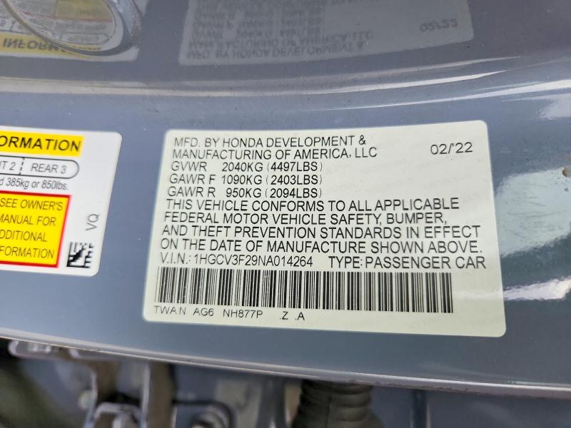 2022 Honda Accord მანქანა იყიდება აუქციონზე, vin: 1HGCV3F29NA014264, აუქციონის ნომერი: 60820106