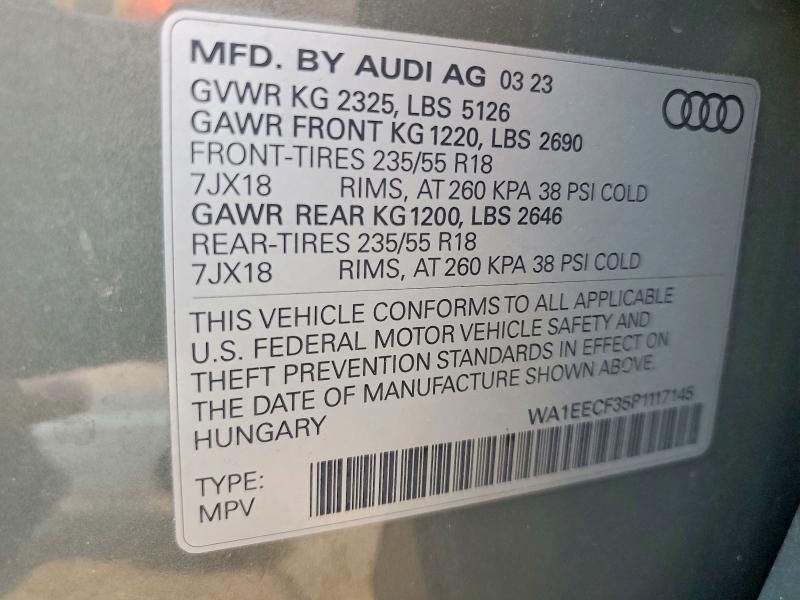 62312736 :رقم المزاد ، WA1EECF35P1117145 vin ، 2023 Audi Q3 مزاد بيع