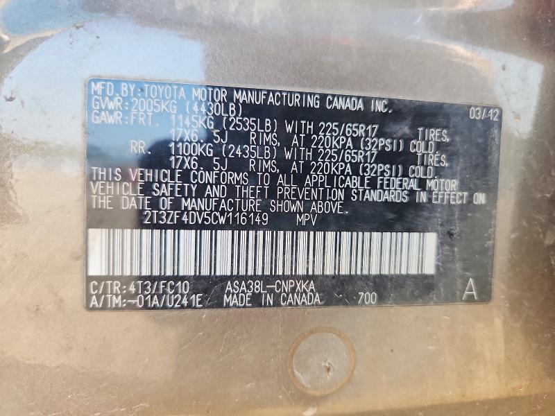 Aukcja sprzedaży 2012 Toyota Rav4, vin: 2T3ZF4DV5CW116149, numer aukcji: 59629656