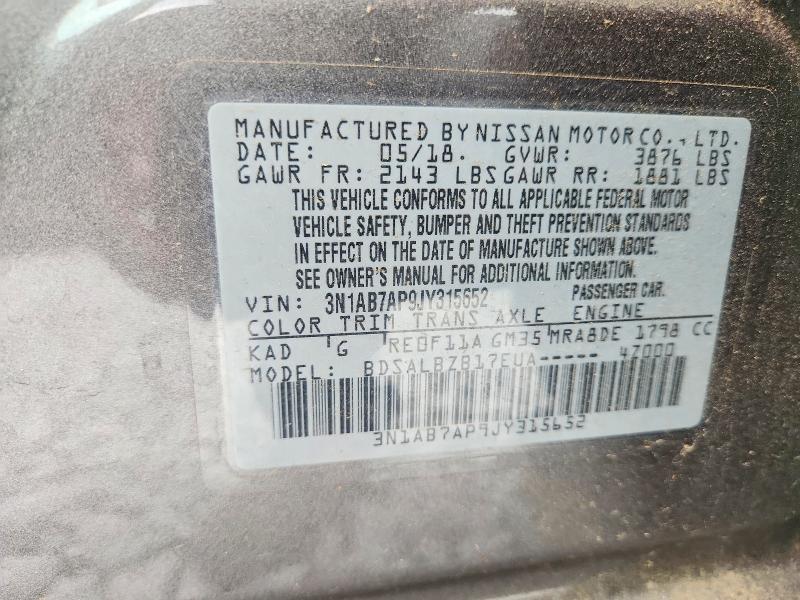 62527536 :رقم المزاد ، 3N1AB7AP9JY315652 vin ، 2018 Nissan Sentra مزاد بيع