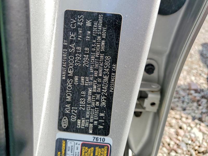 63101976 :رقم المزاد ، 3KPF24AD3ME345808 vin ، 2021 Kia Forte مزاد بيع